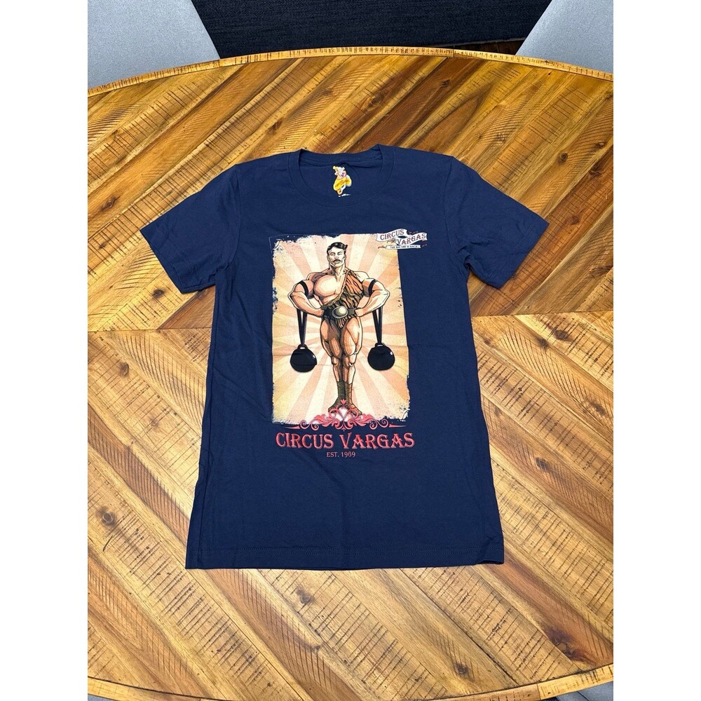 Circus Vargas Strongman Graphic T Shirt Navy Blue Retro Kettlebell Men XS